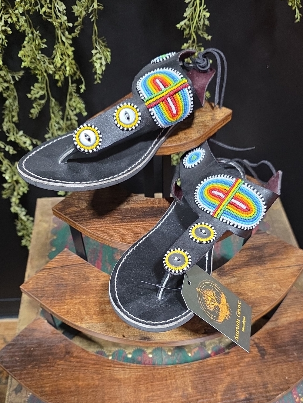 Artisan Black Leather Sandals with Multicolor Beadwork